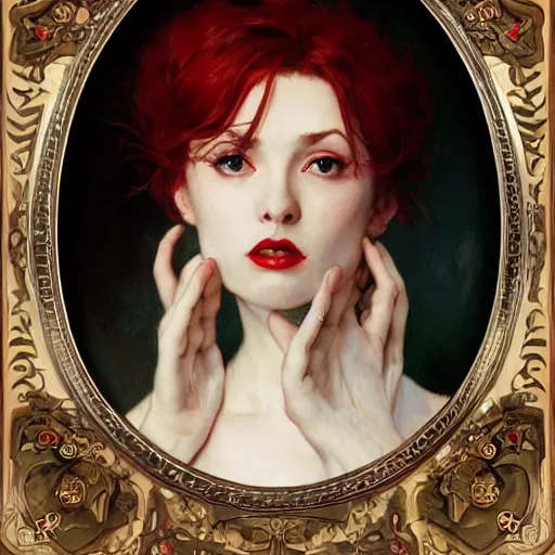 Prompt: portrait of a very beautiful vampire, top half of body, upset expression, by Stanley Artgerm Lau, greg rutkowski, thomas kindkade, alphonse mucha, loish, norman rockwell, J. C. Leyendecker. light red hair, pale skin, detailed eyes, red lips. small frame. Trending on artstation rule of thirds extremely detailed illustration hd 4k