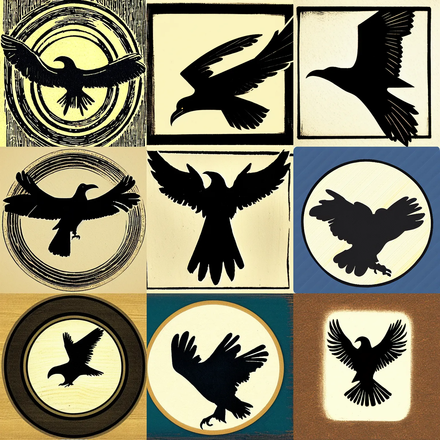 Prompt: tonalist woodcut of flying raven, corporate logo, icon, rondel