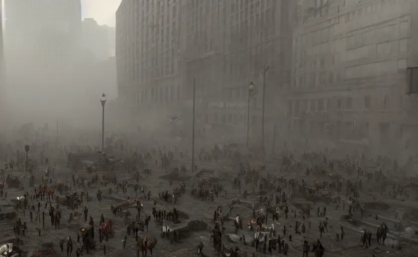 Image similar to Dan Pietro plaza invaded by zombies, epic, mystery, dense fog dusk, highly detailed, cinematic, 8k