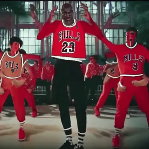 Prompt: still from thriller music video with michael jordan singing in the middle wearing chicago bulls uniform and zombie dancers