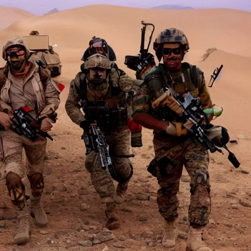 Image similar to muppets dressed as special forces fighting in the desert. epic action movie production photograph.