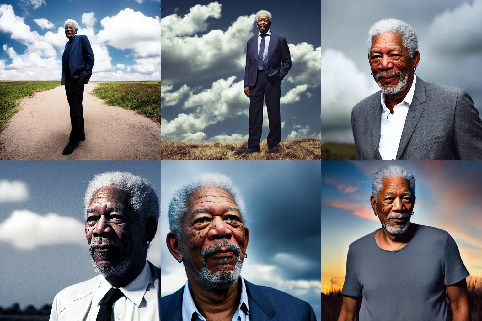 Prompt: Morgan Freeman standing in front of the clouds, professional photograph, 4K