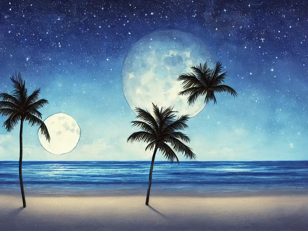 Prompt: night on a summer beach in miami, palm trees, footprints in the sand, full moon reflected in the calm ocean, starry sky 8 k, ultra detailed, trending on artstation, digital painting