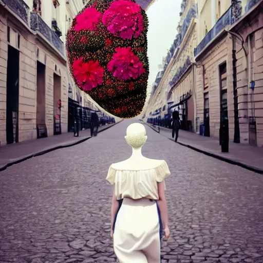 Image similar to giant flower head, woman walking in paris, surreal photography, symmetry, flat space, fanciful, stark colours, detailed, wes anderson