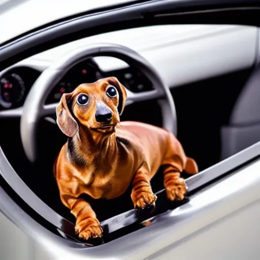 Image similar to dachshund driving a Porsche