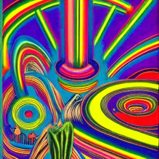 Image similar to neon void, rainbow road in the distant deep space, liminal, by dr. seuss and max ernst