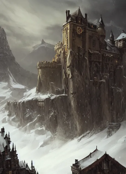 Prompt: a painting of a castlevania, dishonored 2 style castle in the middle of a snowy mountain, a detailed matte painting by andreas rocha and greg rutkowski, featured on artstation, fantasy art, matte drawing, matte painting, artstation hq