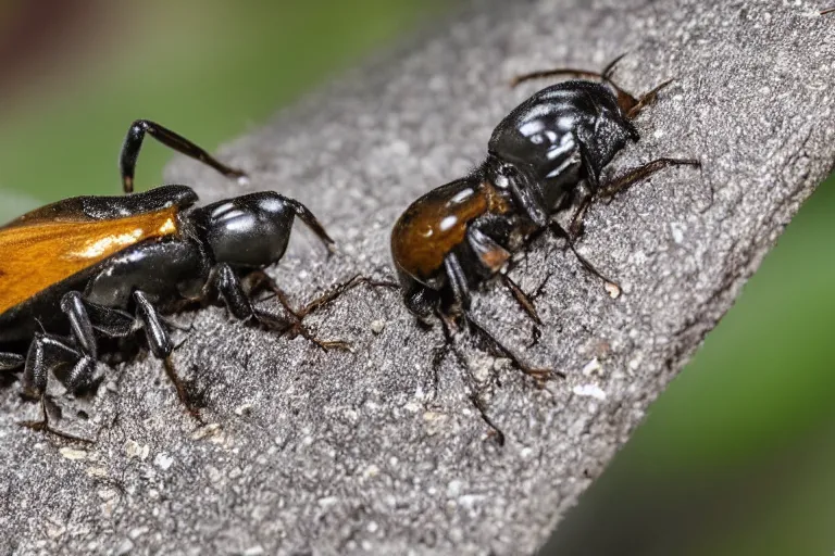 Prompt: Un spectacle de fourmis dansantes, sur la tranche d\'une grosse chaussure en cuir, perdue en lisière de forêt, à la tombée de la nuit