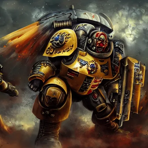 Image similar to space marine fight with a big ork, warhammer 4 0 0 0 0, warhammer 4 0 k, trending on art station, dark, post - apocaliptyic, emotional, digital art