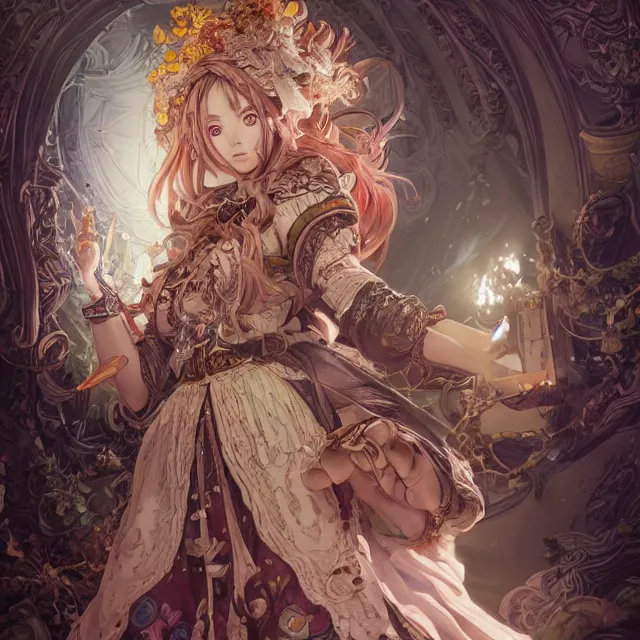 Image similar to the portrait of chaotic good female druid alchemist as absurdly beautiful, gorgeous, elegant, young anime girl, an ultrafine hyperdetailed illustration by kim jung gi, irakli nadar, intricate linework, sharp focus, bright colors, octopath traveler, final fantasy, unreal engine 5 highly rendered, global illumination, radiant light, detailed and intricate environment