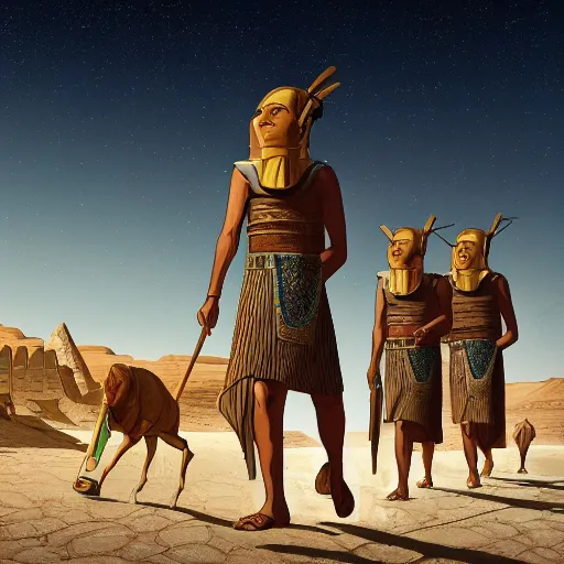 Image similar to highly detailed illustration of people in ancient canaanite clothing walking in the deserts of ancient egypt by makoto shinkai, by oliver vernon, by joseph moncada, by damon soule, by manabu ikeda, by kyle hotz, by dan mumford, by otomo, 4 k resolution