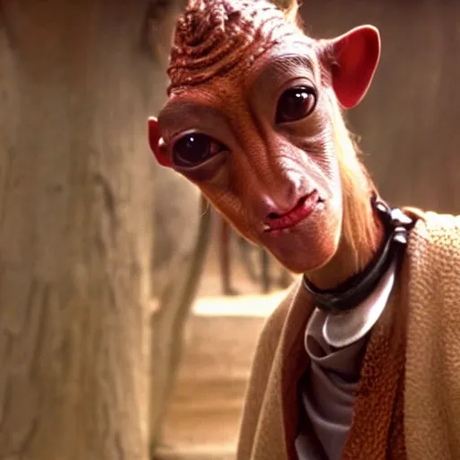 Image similar to film still of jar jar binks as a female cowgirl, long eyeslashes, big juicy lips, big seductive eyes