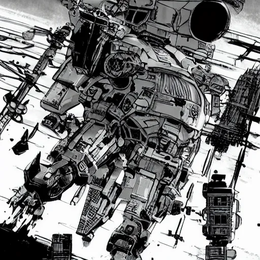 Image similar to the spacebattle, industrial scifi, cyberpunk, in the style of Ashley Wood and Moebius