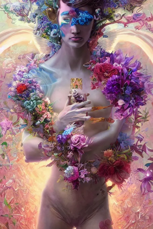 Prompt: beautiful model god of psychedelics dancing in a vortex made of flowers, diamonds, angel, fantasy, dramatic lighting, highly detailed, digital painting, holding electricity, magic the gathering, hyper detailed, 3 d render, hyper realistic detailed portrait, peter mohrbacher, wlop, ruan jia