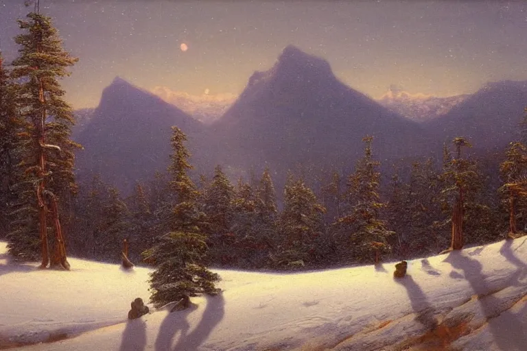 Image similar to mountains, trees, beautiful nature, winter, night, stars, snow, very detailed, focused, oil painting, colorful, canvas, artstation, Sydney Mortimer Laurence, Albert Bierstadt, Theodor Kittelsen