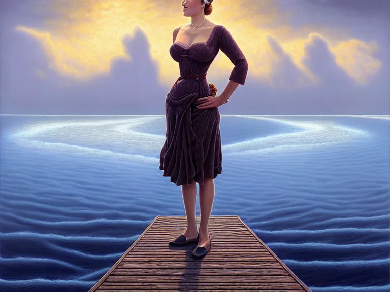 Image similar to a fancy beautiful woman standing on a wharf at the edge of a cold sea by rob gonsalves and vladimir kush and ruth deckard and gil elvgren and harry ekman and george petty and hilo chen, crisp details, hyperrealism, high detail, high contrast, low light, grey mist, cobblestones, dim lantern