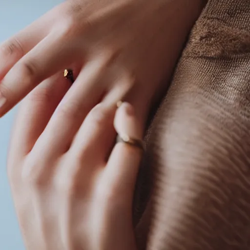 Prompt: super detailed studio photo of golden ring on female finger on female hand, macro