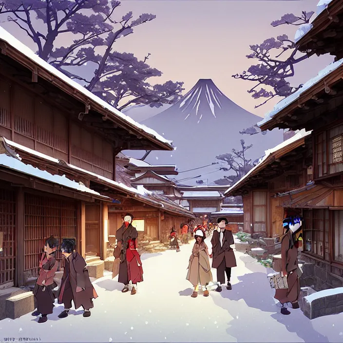 Image similar to japanese rural town, winter, in the style of studio ghibli, j. c. leyendecker, greg rutkowski, artem