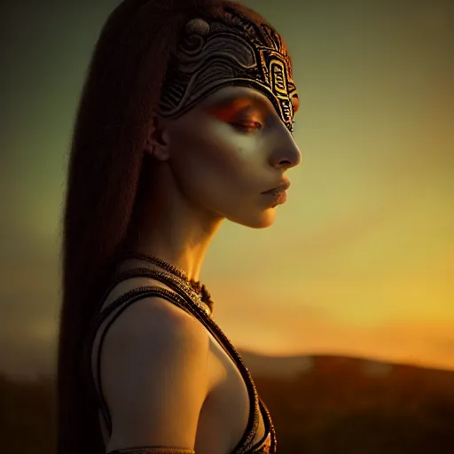 Image similar to photographic portrait of a stunningly beautiful gothic mayan female in soft dreamy light at sunset, contemporary fashion shoot, by edward robert hughes, annie leibovitz and steve mccurry, david lazar, jimmy nelsson, breathtaking, 8 k resolution, extremely detailed, beautiful, establishing shot, artistic, hyperrealistic, beautiful face, octane render