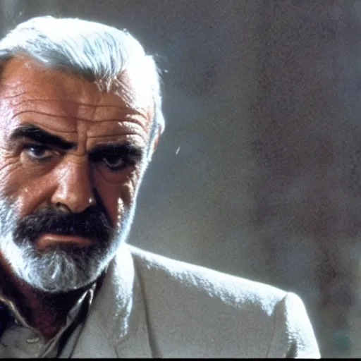 Prompt: sean connery as big boss, ( ( eye patch ) ), white hair, movie still