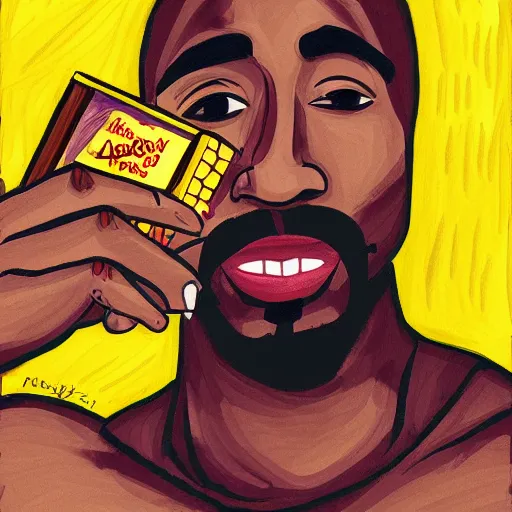 Image similar to tupac eating chocolate bar in the moonlight at night, digital art