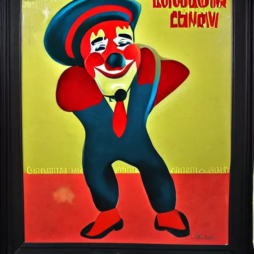 Image similar to communist clown painting, soviet propaganda style poster