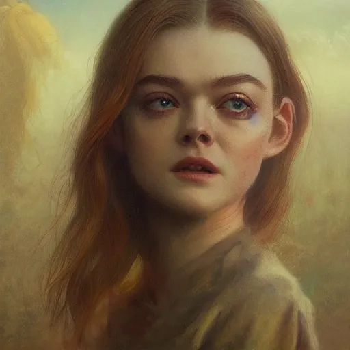 Image similar to ultra realistic medium shot masterpiece portrait painting of elle fanning in the painted world of resident evil and bruce pennington, apocalypse, cosmic horror, artstation, art by frank frazetta, 4 k, ultra realistic, highly detailed, epic lighting