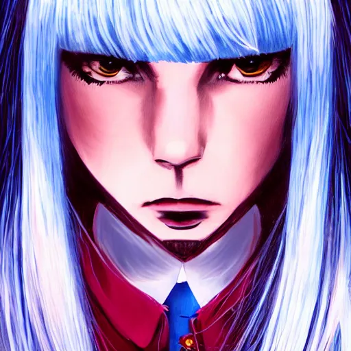 Image similar to full face shot of rimuru tempest, sky blue straight hair, long bangs, with amber eyes, wearing a fancy black jacket, high collar, ultra detailed, brush strokes, digital painting, cinematic, wlop artstation, closeup, pixiv, intense, intimidating glare, photorealistic, overpowering, andy warhol,