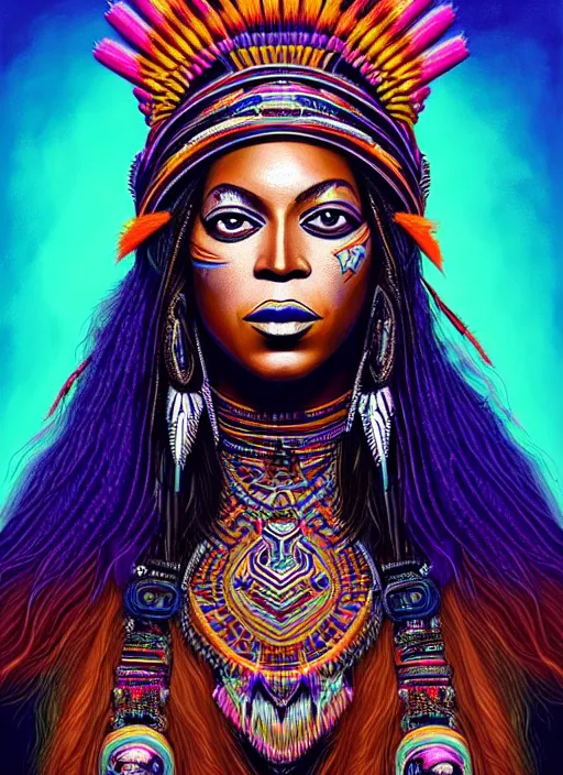 Image similar to portrait of beyonce, hyper detailed ultra sharp aztec shaman warrior. trending on artstation, warpaint aesthetic, bloodwave, colorful, psychedelic, ornate, intricate, digital painting, concept art, smooth, sharp focus, illustration, art by artgerm and greg rutkowski and h. r. giger, 8 k