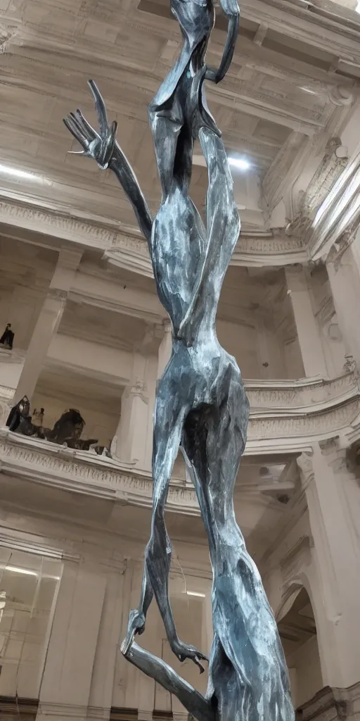 Image similar to A Really tall fancy alien Statue on a museum