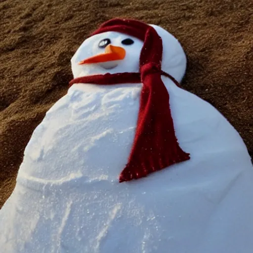 Image similar to snowman made out of sand, low-angle, photorealistic, !!award-winning!!