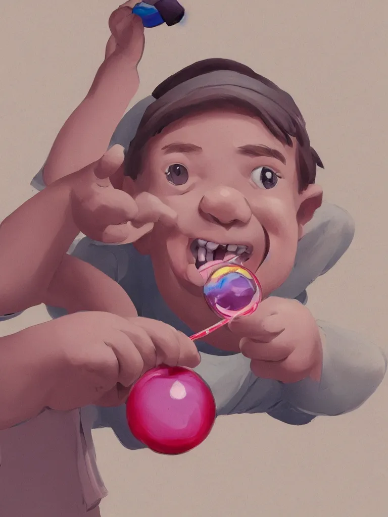 Image similar to close up! kid blowing bubble gum, disney concept artists, blunt borders, rule of thirds