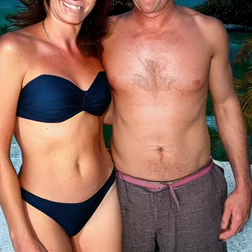 Prompt: photo of a 3 5 year old man that looks young for his age dating a very attractive 5 5 year old woman wearing with short blondish hair wearing a bikini.