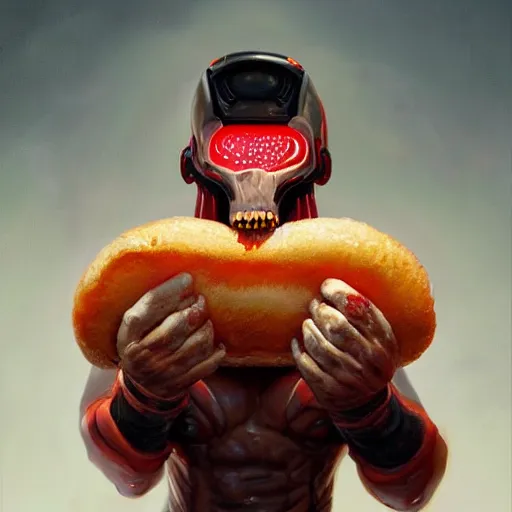 Image similar to doom eternal eating an hot dog, mutant in a shape of a burger, tubes fused with the body, painted by stanley lau, painted by greg rutkowski, painted by stanley, artgerm, masterpiece, digital art, trending on arts