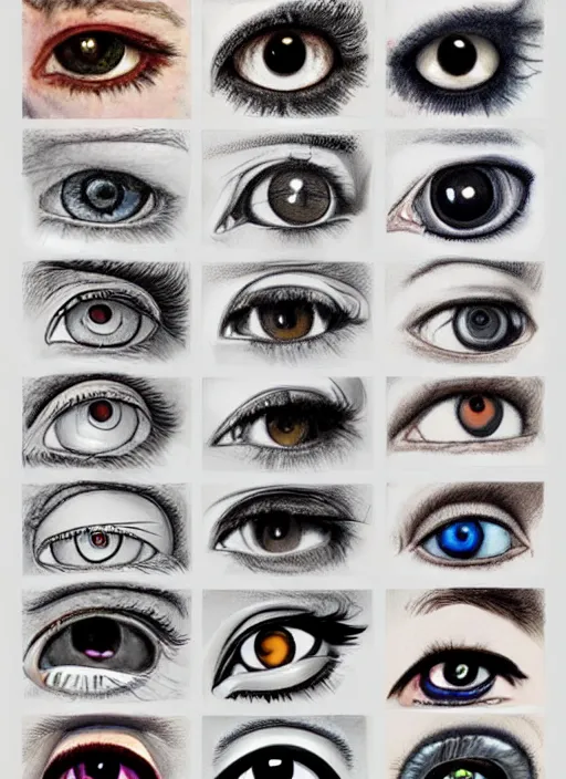 Image similar to diverse eyes!, dot pupils, vitals visualiser!!, advanced art, art styles mix, from wikipedia, grid of styles, various eye shapes