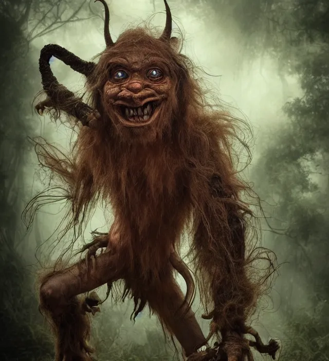 Image similar to hyper realistic photography of indonesian demon hairy fluffy muppet show horror nightmare elf goblin monster with long arms, human anatomy, real teeth, full body, cinematic symmetric dark _ crystal, brian froud, alan lee, jean baptiste monge, scott radke