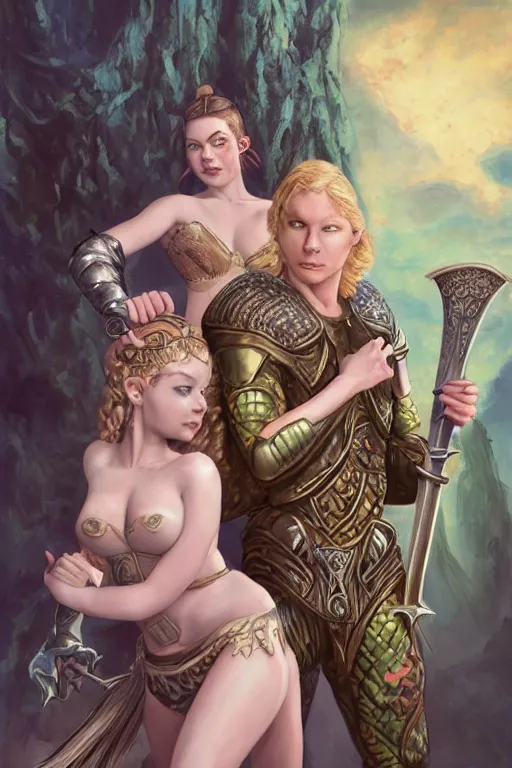 Image similar to A fantasy comic book style, portrait painting of hybrid Anya Taylor-Joy, and Cory Chase as a youthful Atlantean, Reptilian Warrior, Mystical Valkyrie, Modest light Armor, Sword, Sheild, Spear, François Boucher, Oil Painting, unreal 5, DAZ, hyper-realistic, Photorealistic, octane render, Regal, Refined, Coherent, Detailed Digital Art, RPG portrait, William-Adolphe Bouguereau, Michael Cheval, Walt Disney (1937), Steampunk, Hieronymus Bosch, Golden dappled dynamic lighting, Highly Detailed, Theophanic atmosphere, Cinematic Lighting, Unreal Engine, 8k, HD