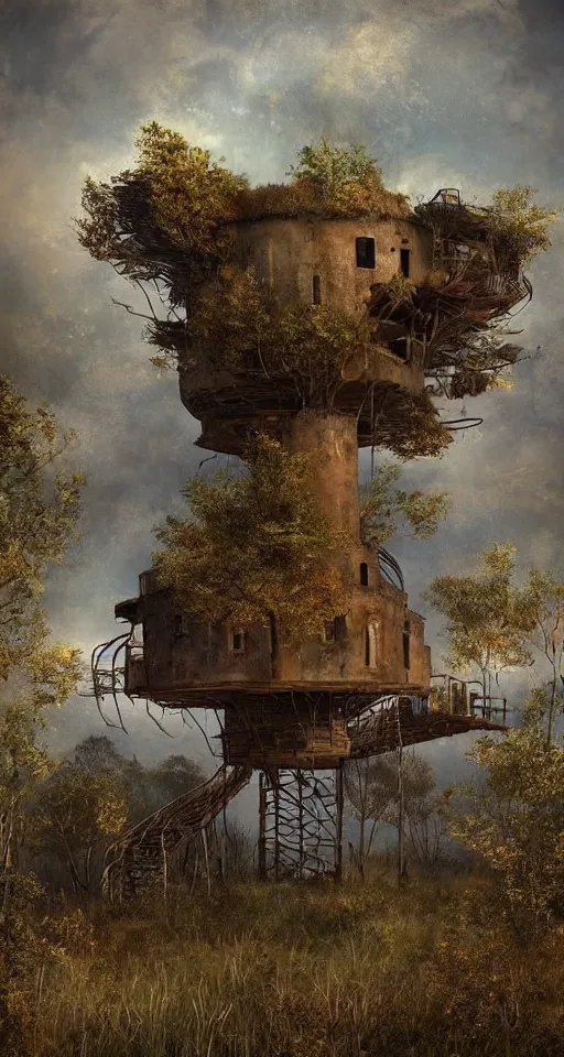 Image similar to tree - house on a rusty broken building constructions of a giant spiral upside - down staircase for multiple cases, leading to the sky, the ruins, in the steppe, summer field, misty background, from the game pathologic 2, highly detailed, sharp focus, matte painting, by isaac levitan and asher brown durand,