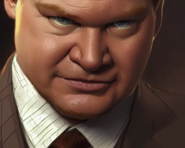 Prompt: close up of andy richter wearing a brown suit and necktie, focus, d & d, intricate, elegant, highly detailed, digital painting, artstation, concept art, matte, sharp focus, illustration, hearthstone, art by artgerm and greg rutkowski and alphonse mucha