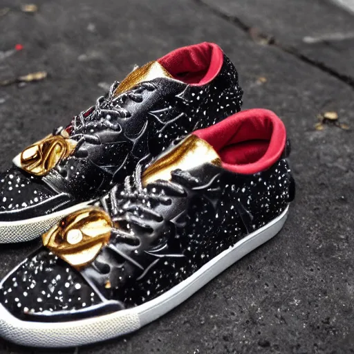 Image similar to sneakers swarovski damaged gold with red crest on top dark night artwork detailed intricate worn out metal, cinematic