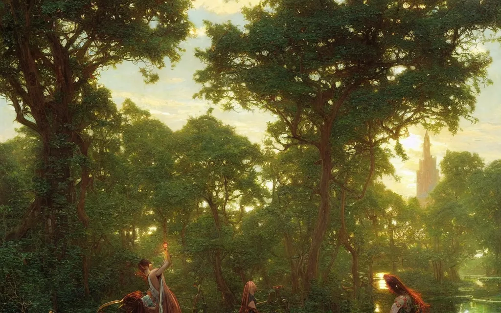 Prompt: a detailed oil painting by john williams waterhouse, thomas kincade, michael whelan and donato giancola of an intricate, ornate palace made of green, polished semiprecious malachite marble and jade, hyper detailed, hd, artstation, beautiful sunrise lighting, surrounded by trees