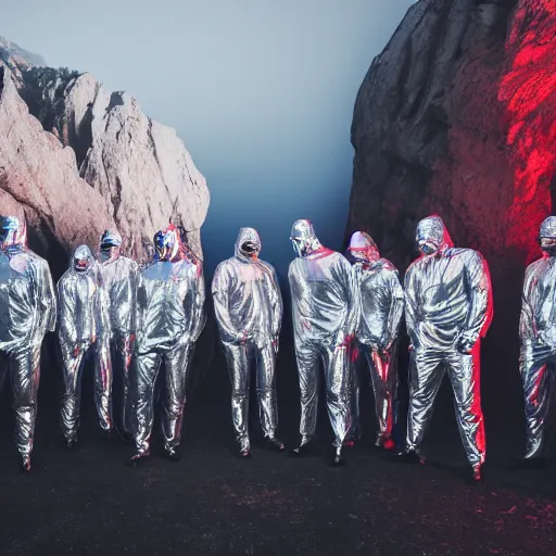 Image similar to unsplash contest winning photo, a giant crowd of men in full - body shiny reflective silver latex suits including masks and pants and shirts, inside a colorful dramatic unique rocky western landscape, low fog, neon light tube