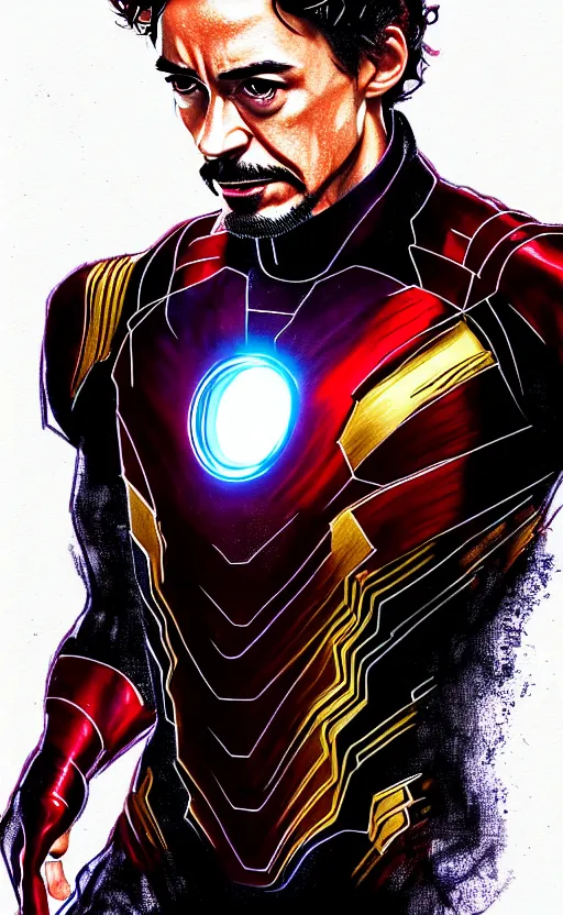 Image similar to portrait of robert sheehan as tony stark from the avengers infinity war, marvel concept art, hyperrealistic, detailed, accurate illustration, dramatic lighting, action pose