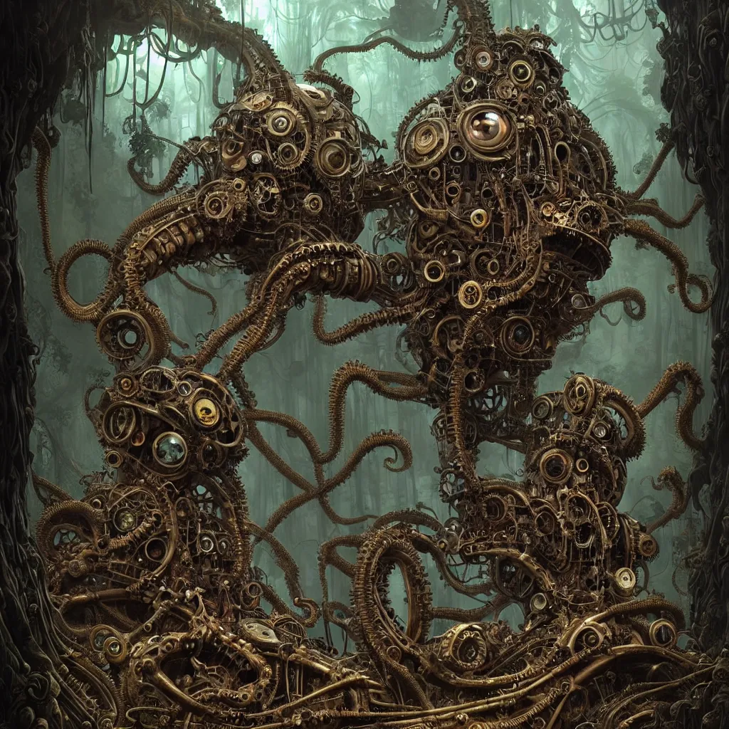 Prompt: biomechanical steampunk creature with robotic parts and big octopus head and (glowing) eyes guarding an ancient cave entrance with lush vegetation in a mystic forest, gothic and baroque, brutalist architecture, ultradetailed, creepy ambiance, fog, artgerm, giger, Intricate by Ellen Jewett and Josan Gonzalez and Giuseppe Arcimboldo