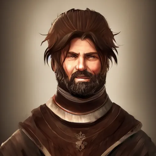 Prompt: 5 0 years old man, tall, stocky : : brown hair, sympathetic, stubble beard : : decorated medieval clothing : : high detail, digital art, rpg, concept art, illustration