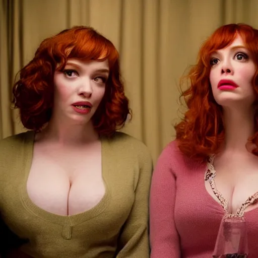 Image similar to a very surprised beautiful Christina Hendricks and her twin sister in the living room, film still from the movie directed by Denis Villeneuve with art direction by Salvador Dalí, wide lens