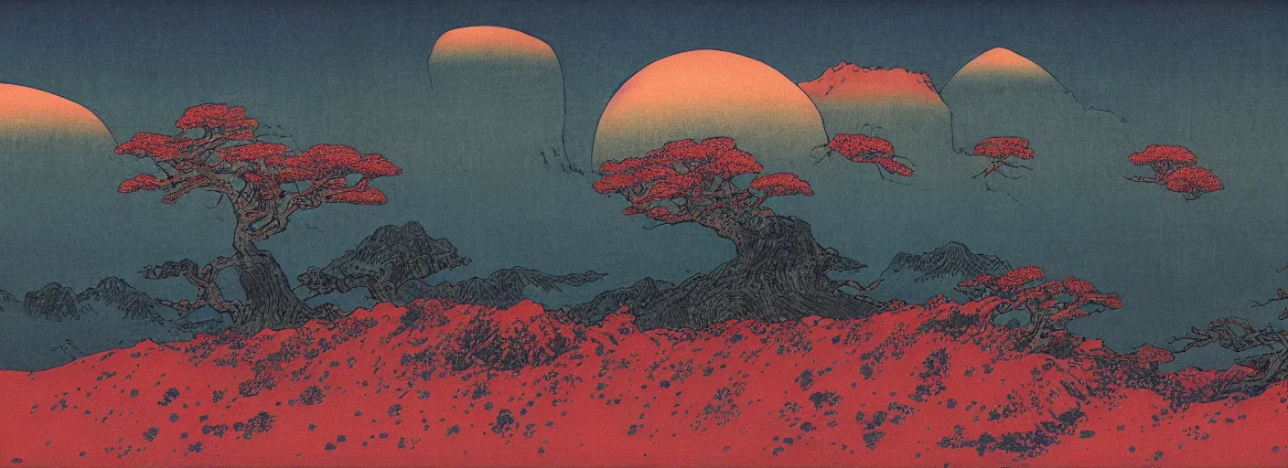 Prompt: alien landscape with mountains and trees from another reality, katsushika hokusai, beksinski, high details, colorful