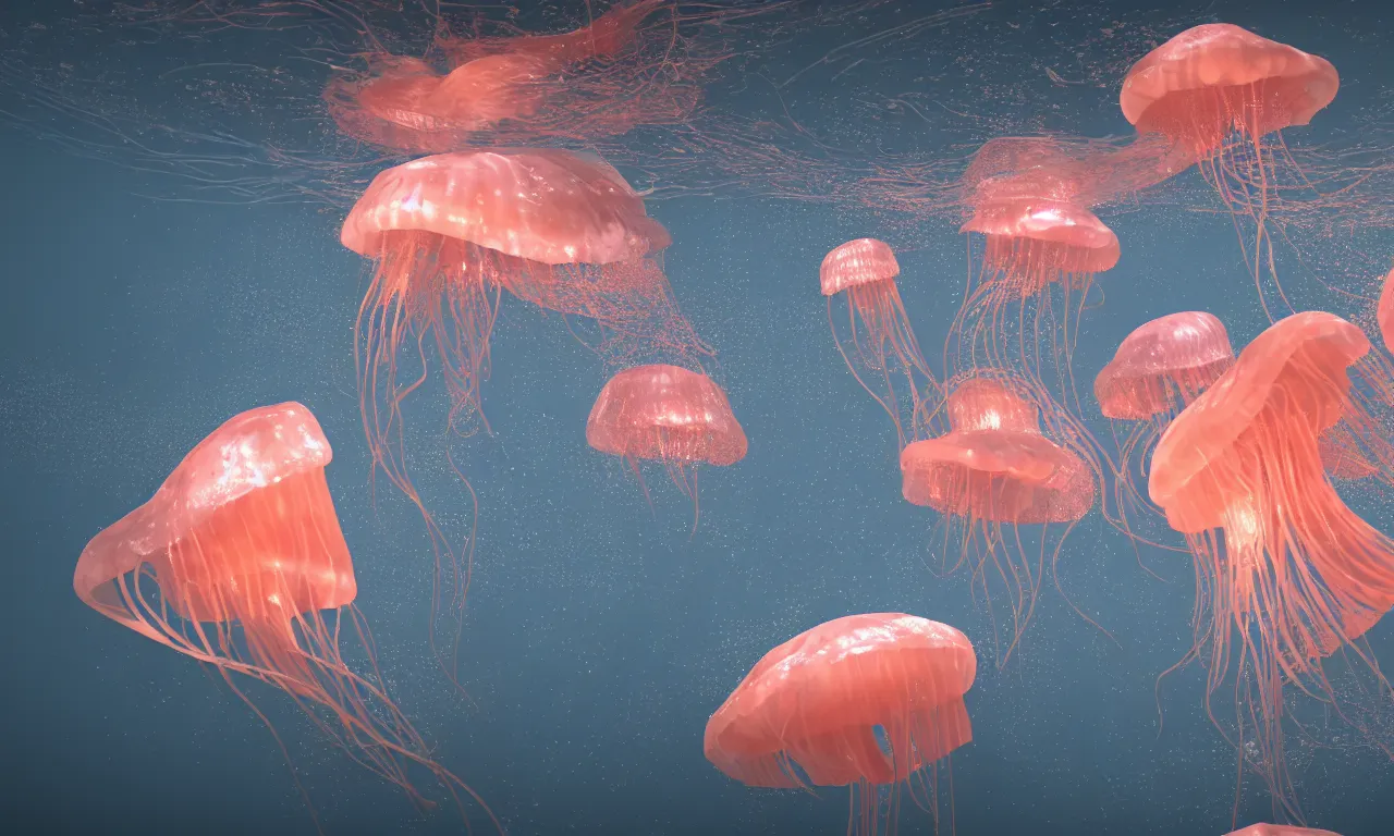 Image similar to Jellyfish swims in the dark sea, trending on artstation, octane render, 8K