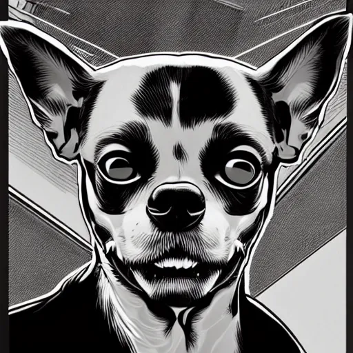 Image similar to portrait of a chihuahua looking angry by martin ansin, comic book art, frank miller, artstation, highly detailed, cinematic, extremely detailed, high quality