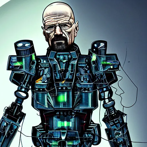 Image similar to Walter White firing lasers from his cybernetic battle armor, highly detailed, centered, concept art, 4k